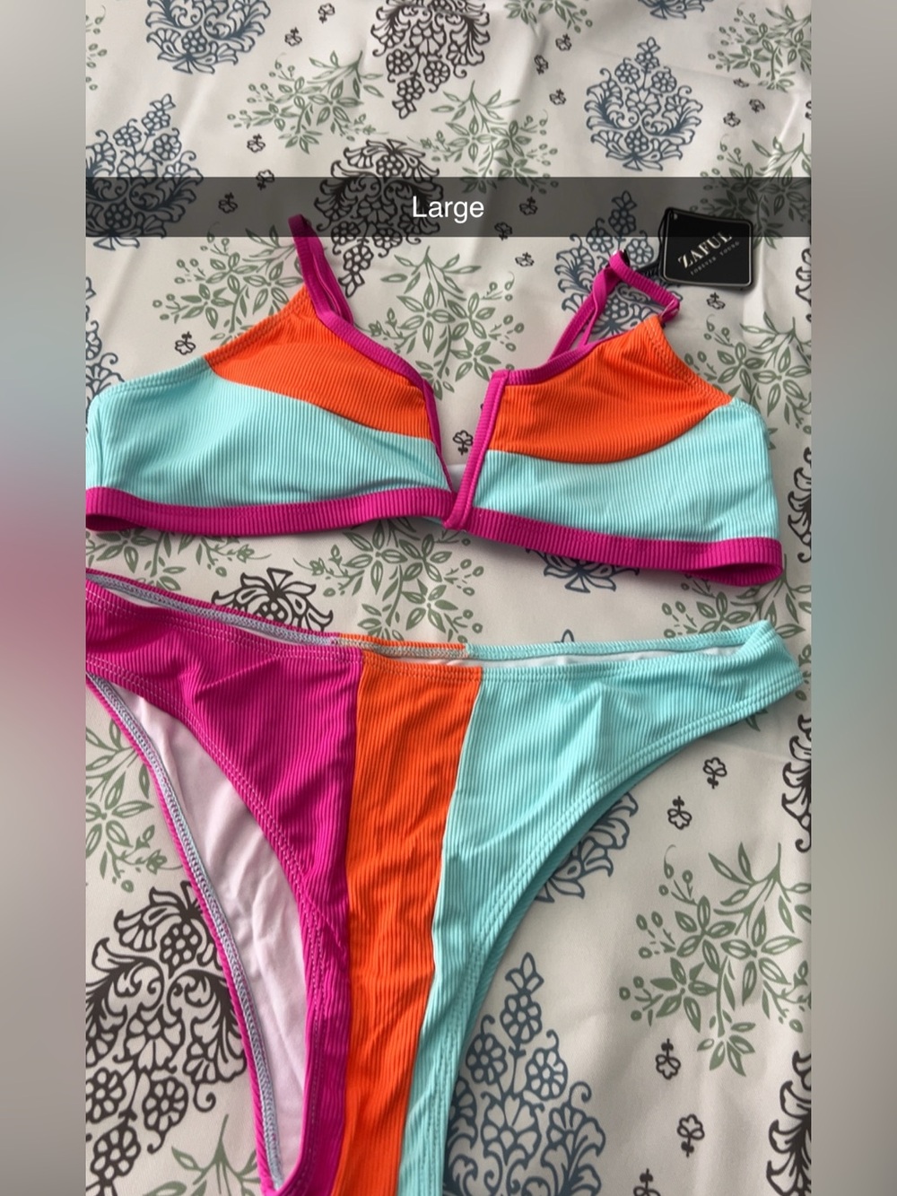 Colorblock Ribbed Bikini Set - Aqua, Orange & Magenta